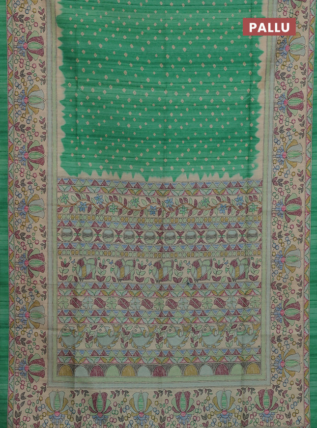 Semi tussar saree green and beige with allover bandhani prints and madhubani printed pallu & border