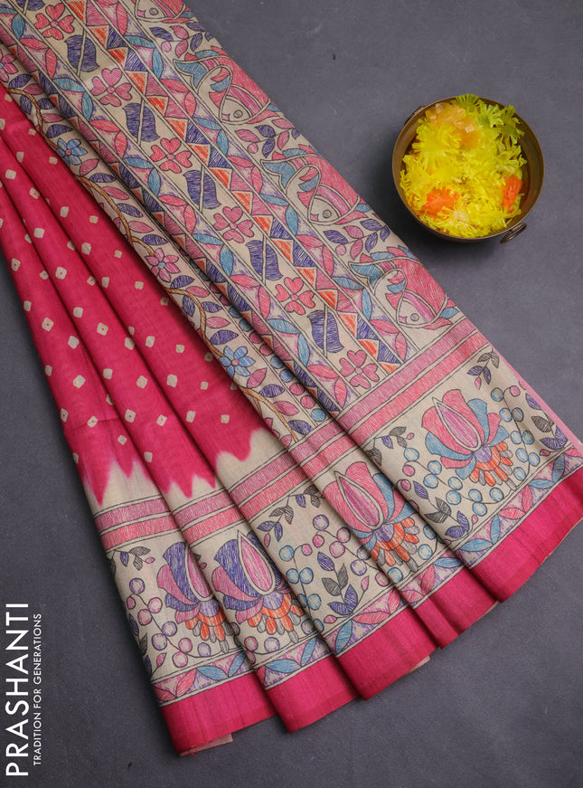 Semi tussar saree candy pink and beige with allover bandhani prints and madhubani printed pallu & border