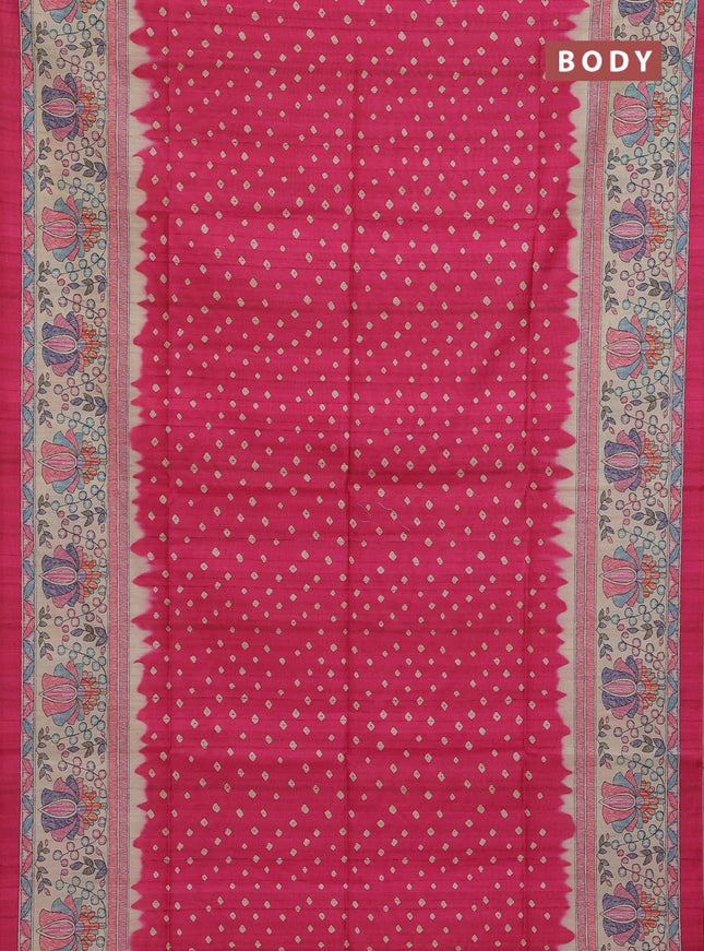 Semi tussar saree candy pink and beige with allover bandhani prints and madhubani printed pallu & border