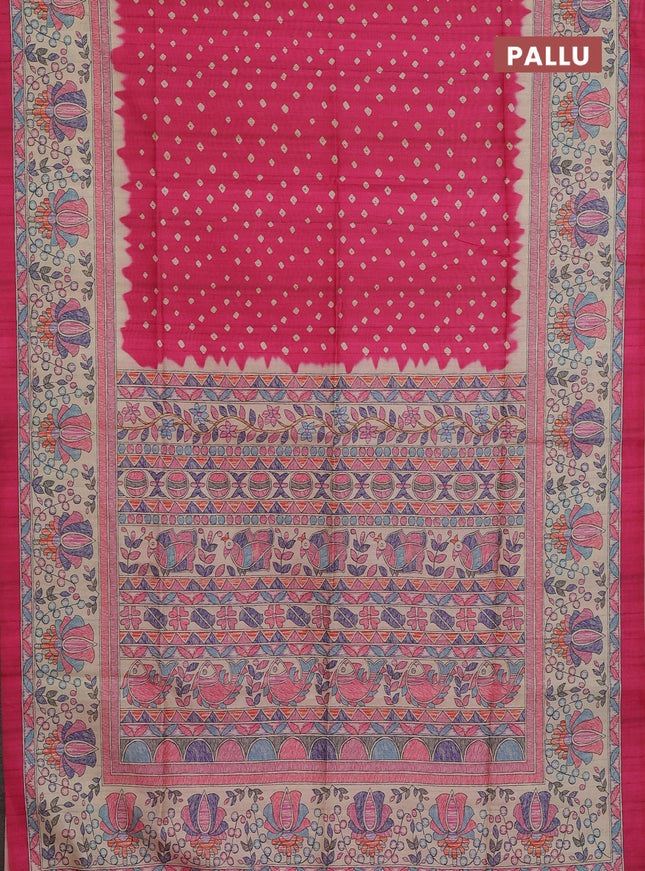 Semi tussar saree candy pink and beige with allover bandhani prints and madhubani printed pallu & border