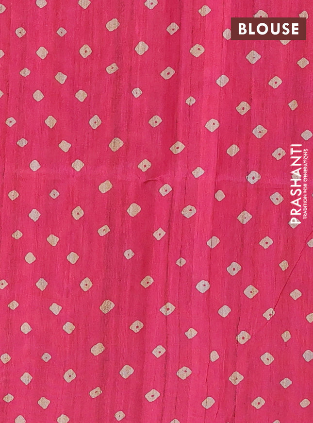 Semi tussar saree candy pink and beige with allover bandhani prints and madhubani printed pallu & border
