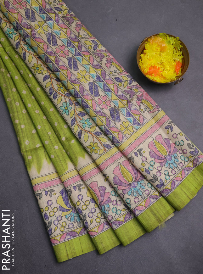 Semi tussar saree lime green and beige with allover bandhani prints and madhubani printed pallu & border