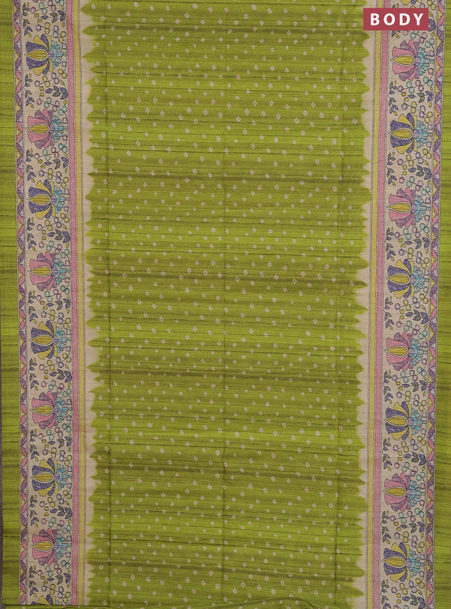 Semi tussar saree lime green and beige with allover bandhani prints and madhubani printed pallu & border