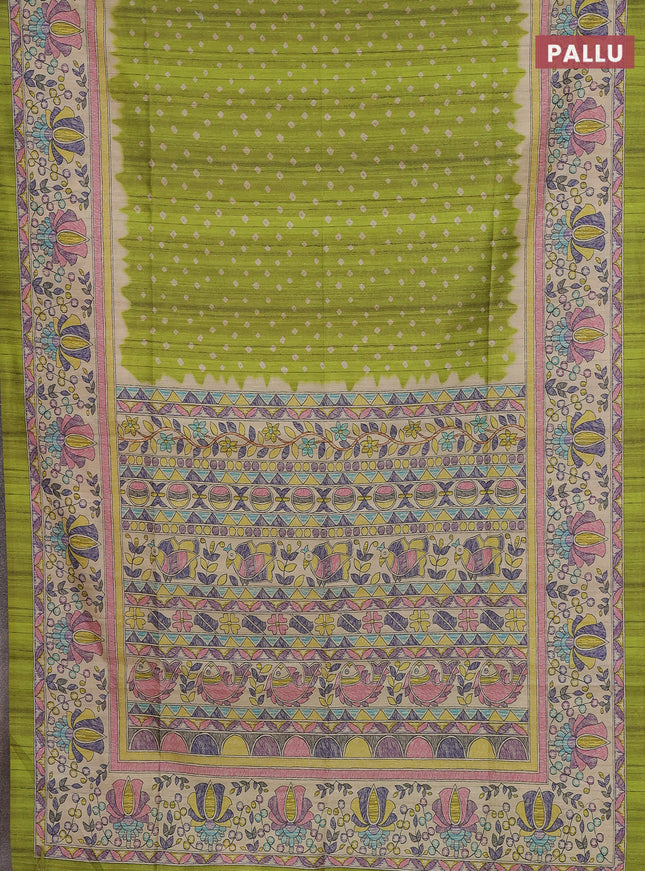 Semi tussar saree lime green and beige with allover bandhani prints and madhubani printed pallu & border