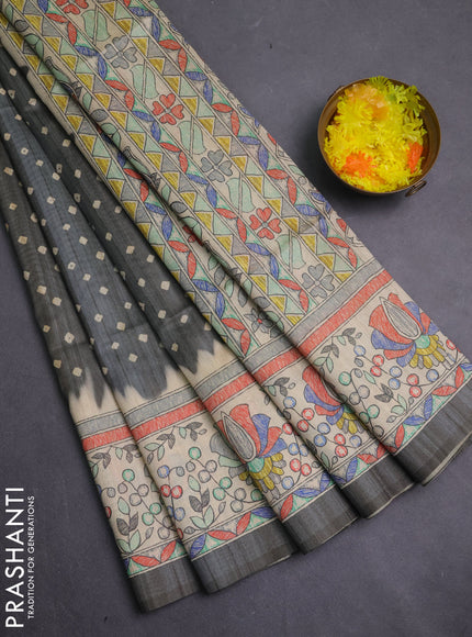 Semi tussar saree grey and beige with allover bandhani prints and madhubani printed pallu & border