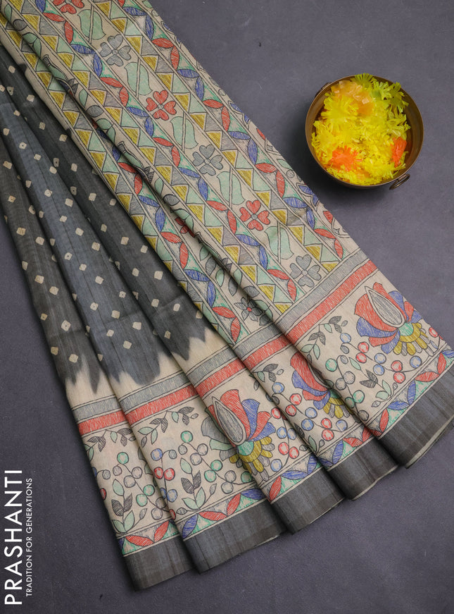 Semi tussar saree grey and beige with allover bandhani prints and madhubani printed pallu & border