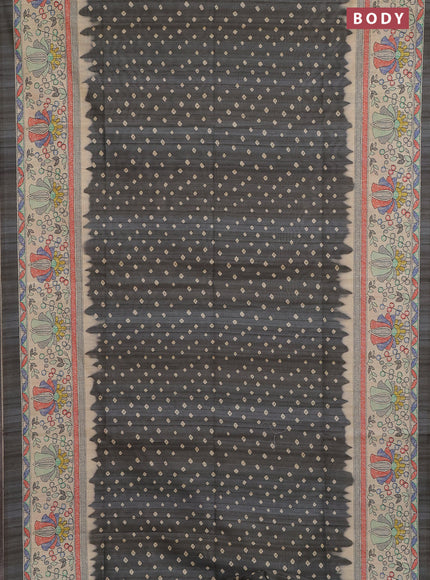 Semi tussar saree grey and beige with allover bandhani prints and madhubani printed pallu & border