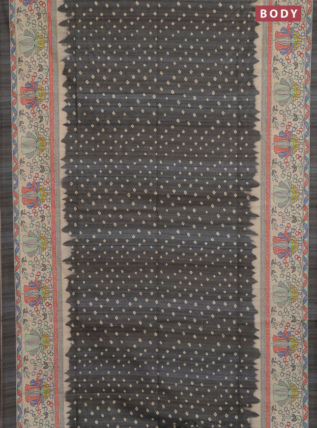 Semi tussar saree grey and beige with allover bandhani prints and madhubani printed pallu & border