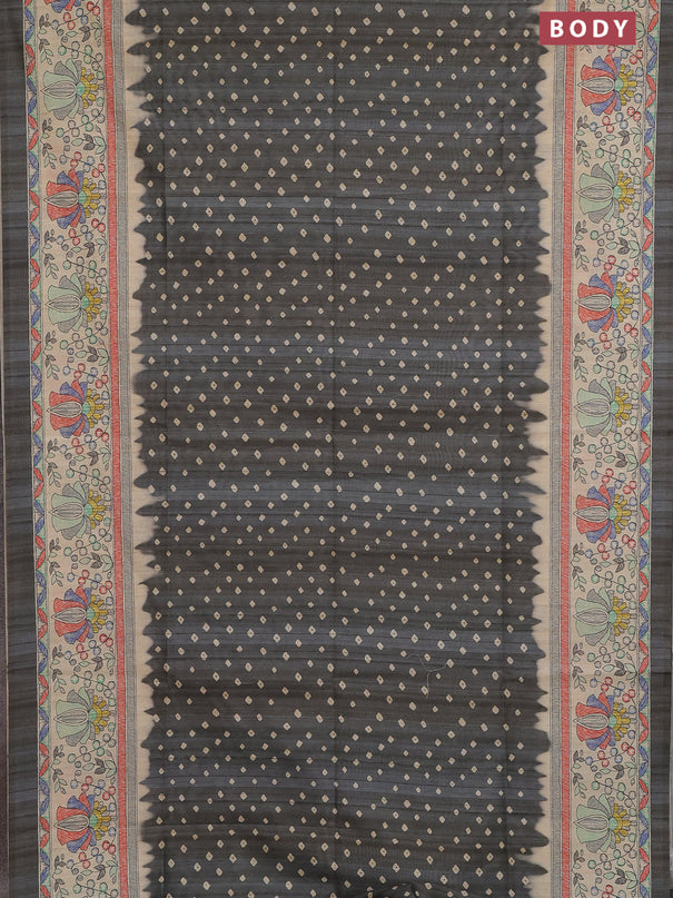 Semi tussar saree grey and beige with allover bandhani prints and madhubani printed pallu & border