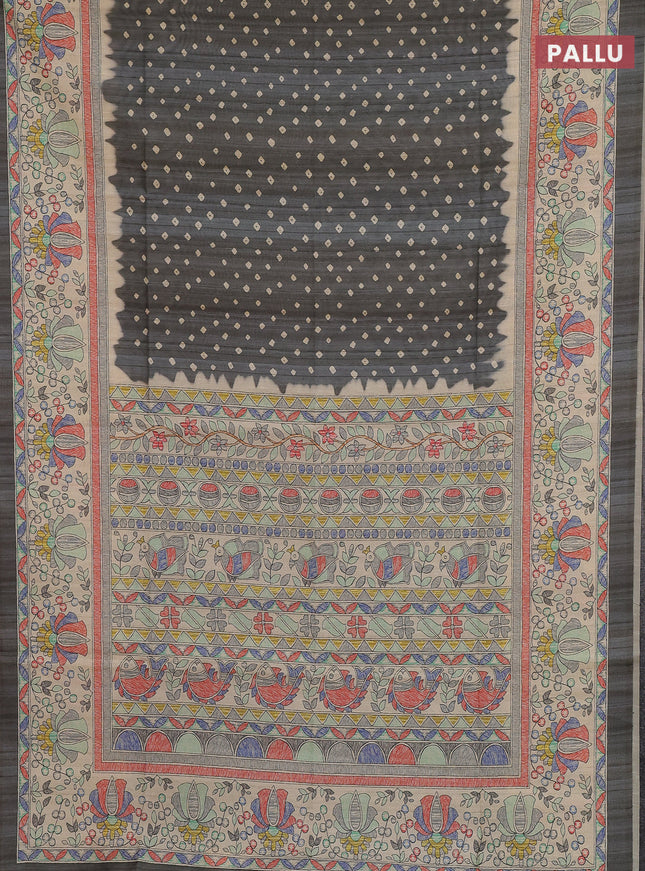 Semi tussar saree grey and beige with allover bandhani prints and madhubani printed pallu & border