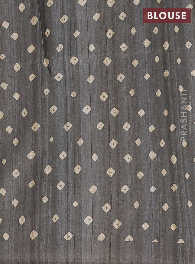 Semi tussar saree grey and beige with allover bandhani prints and madhubani printed pallu & border