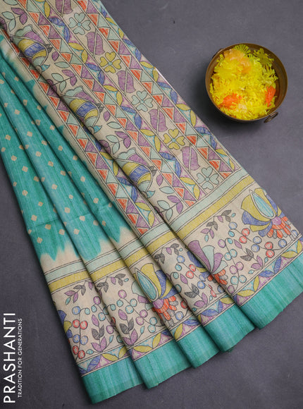 Semi tussar saree green and beige with allover bandhani prints and madhubani printed pallu & border