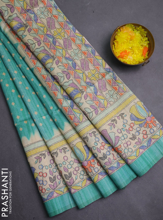 Semi tussar saree green and beige with allover bandhani prints and madhubani printed pallu & border