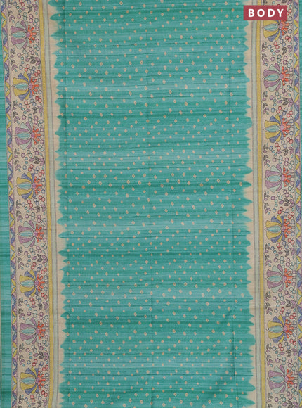 Semi tussar saree green and beige with allover bandhani prints and madhubani printed pallu & border