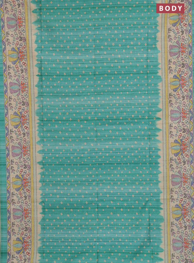 Semi tussar saree green and beige with allover bandhani prints and madhubani printed pallu & border