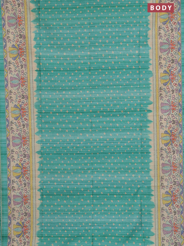 Semi tussar saree green and beige with allover bandhani prints and madhubani printed pallu & border