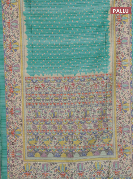 Semi tussar saree green and beige with allover bandhani prints and madhubani printed pallu & border