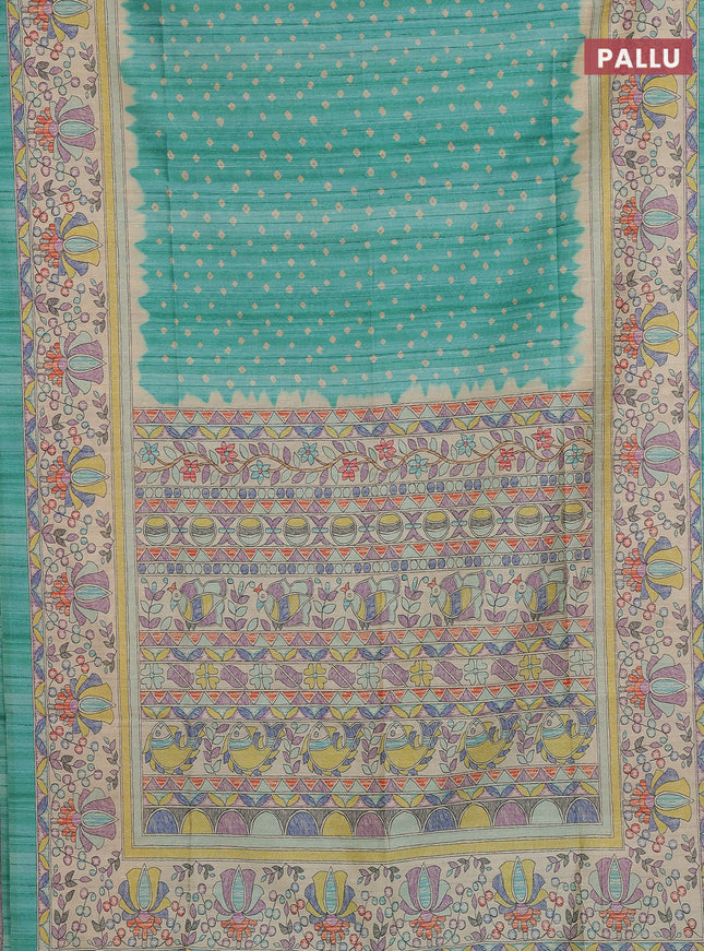 Semi tussar saree green and beige with allover bandhani prints and madhubani printed pallu & border