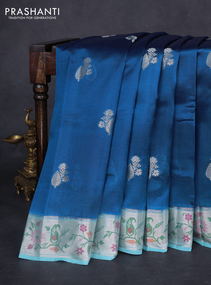 Banarasi poona silk saree peacock blue and teal blue with zari woven buttas and thread & zari woven border