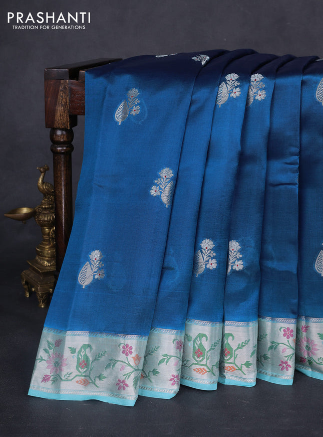 Banarasi poona silk saree peacock blue and teal blue with zari woven buttas and thread & zari woven border