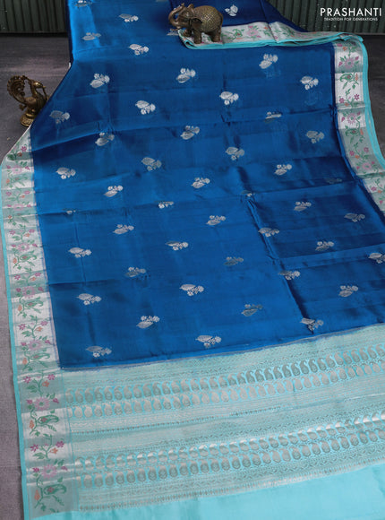Banarasi poona silk saree peacock blue and teal blue with zari woven buttas and thread & zari woven border
