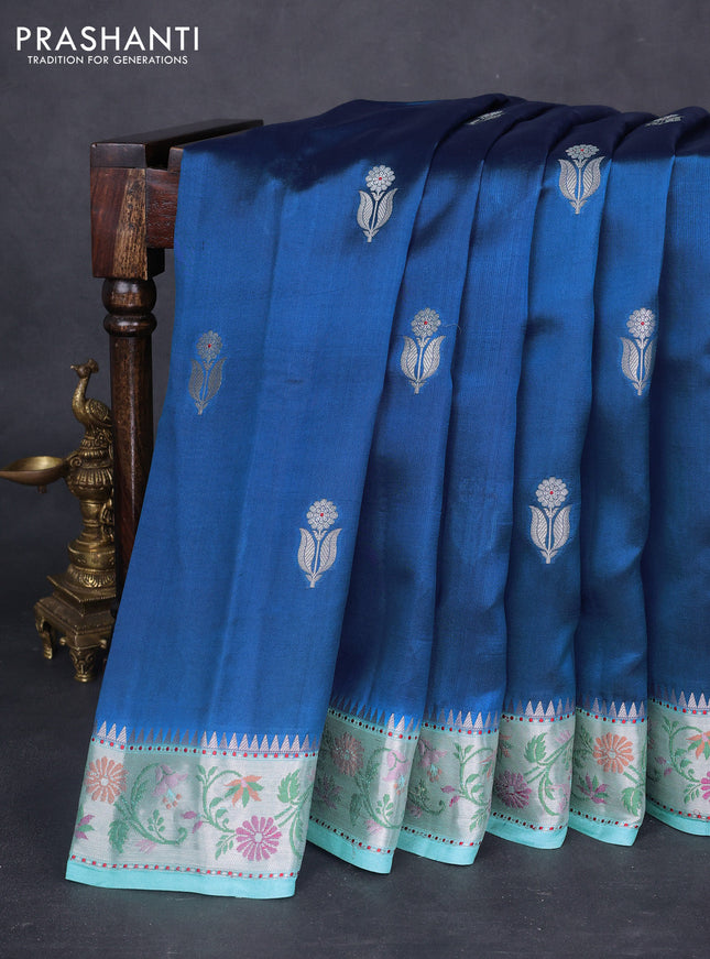 Banarasi poona silk saree cs blue and teal blue with floral zari woven buttas and floral design zari woven border