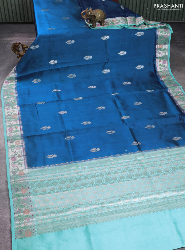 Banarasi poona silk saree cs blue and teal blue with floral zari woven buttas and floral design zari woven border