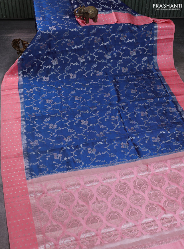 Banarasi poona silk saree blue and peach shade with allover silver zari weaves and silver zari woven butta border