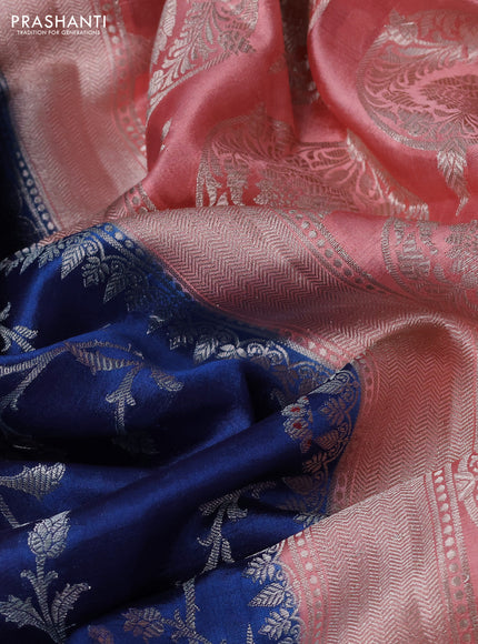 Banarasi poona silk saree blue and peach shade with allover silver zari weaves and silver zari woven butta border