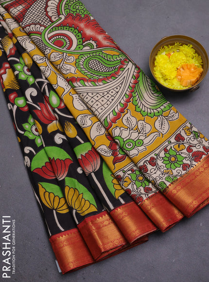 Kalamkari semi silk saree black and rust shade with allover prints and mangalgiri border