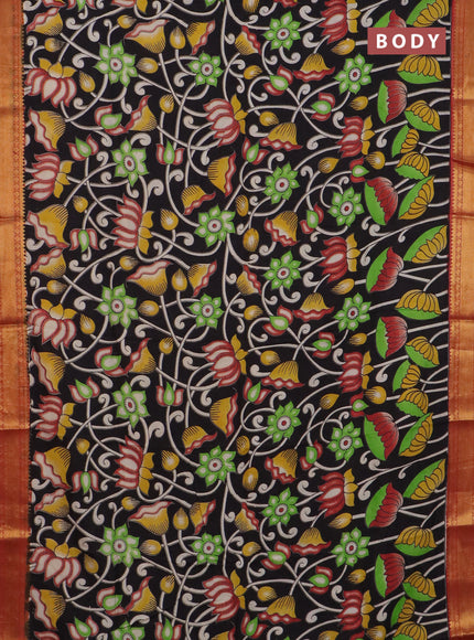 Kalamkari semi silk saree black and rust shade with allover prints and mangalgiri border