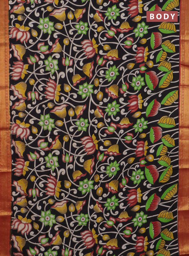 Kalamkari semi silk saree black and rust shade with allover prints and mangalgiri border