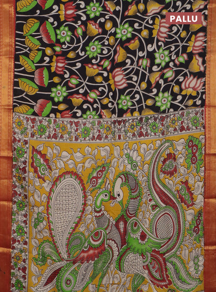 Kalamkari semi silk saree black and rust shade with allover prints and mangalgiri border