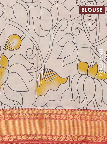 Kalamkari semi silk saree black and rust shade with allover prints and mangalgiri border