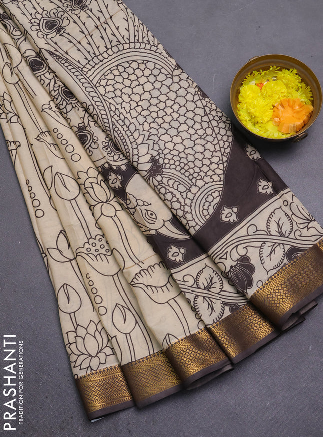 Kalamkari semi silk saree beige and brown with allover prints and mangalgiri border