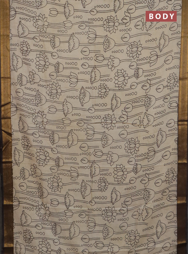 Kalamkari semi silk saree beige and brown with allover prints and mangalgiri border