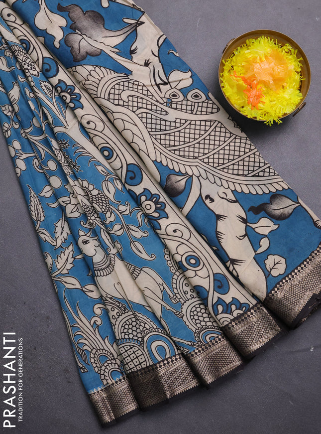 Kalamkari semi silk saree beige and black with allover prints and mangalgiri border