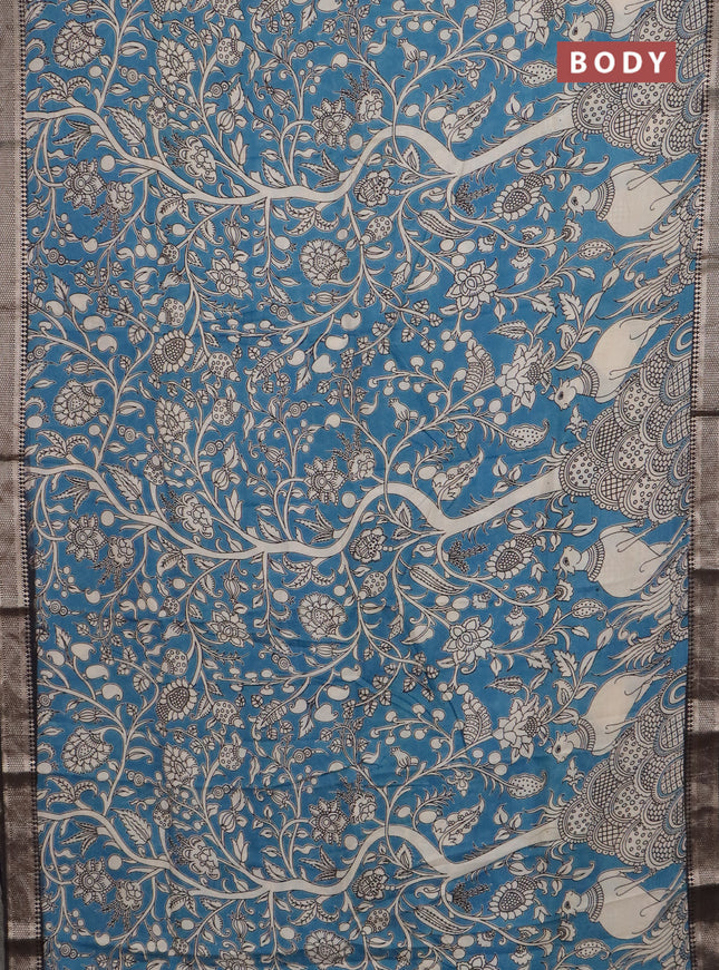 Kalamkari semi silk saree beige and black with allover prints and mangalgiri border