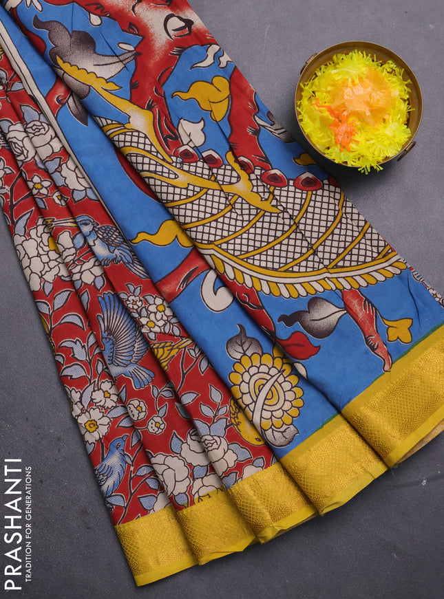 Kalamkari semi silk saree maroon and lime yellow with allover prints and mangalgiri border