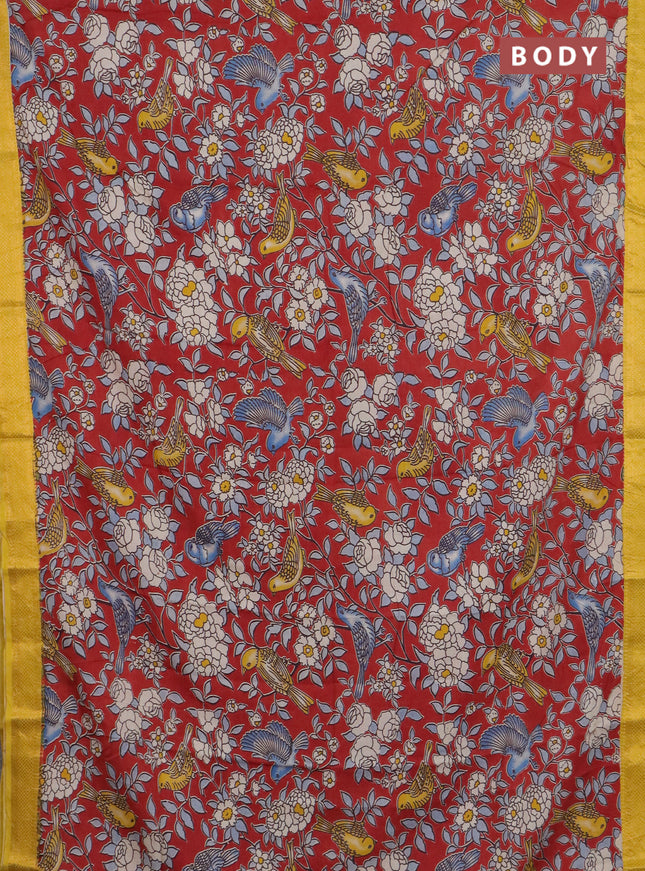 Kalamkari semi silk saree maroon and lime yellow with allover prints and mangalgiri border