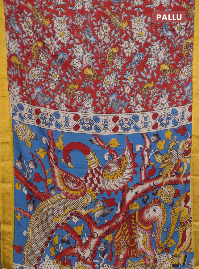 Kalamkari semi silk saree maroon and lime yellow with allover prints and mangalgiri border