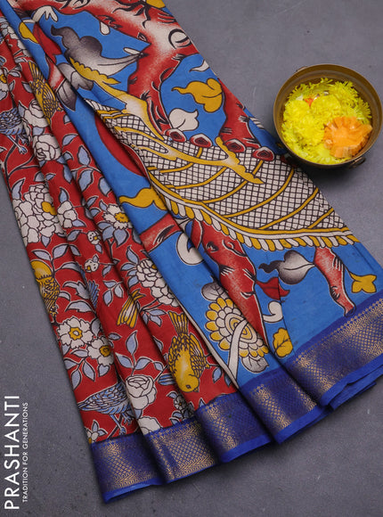 Kalamkari semi silk saree maroon and blue with allover prints and mangalgiri border