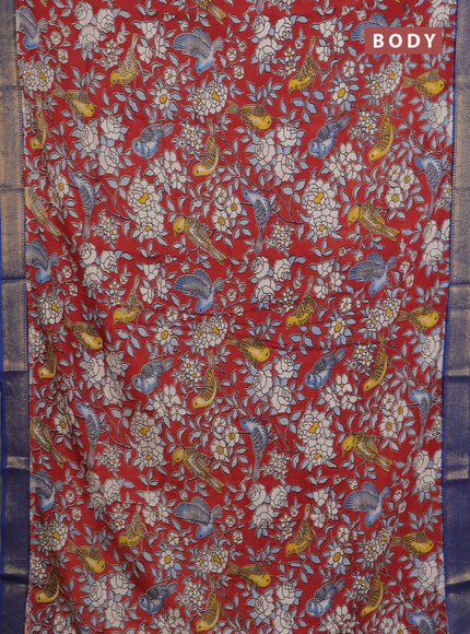 Kalamkari semi silk saree maroon and blue with allover prints and mangalgiri border
