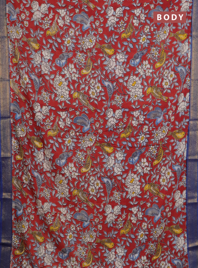 Kalamkari semi silk saree maroon and blue with allover prints and mangalgiri border