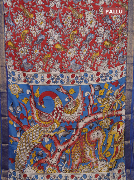 Kalamkari semi silk saree maroon and blue with allover prints and mangalgiri border