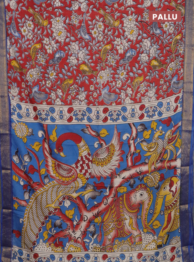 Kalamkari semi silk saree maroon and blue with allover prints and mangalgiri border