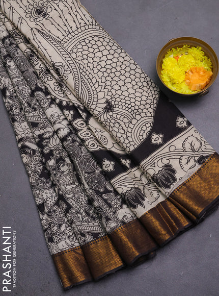 Kalamkari semi silk saree beige and black with allover prints and mangalgiri border