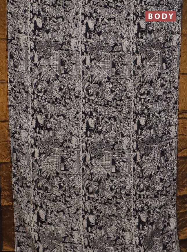 Kalamkari semi silk saree beige and black with allover prints and mangalgiri border