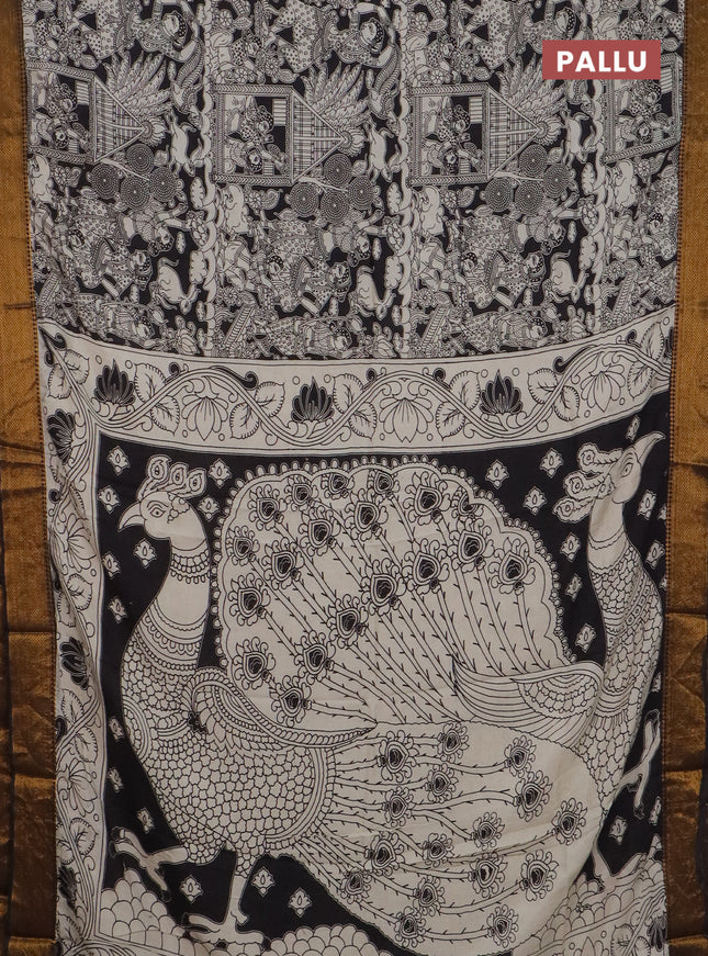 Kalamkari semi silk saree beige and black with allover prints and mangalgiri border