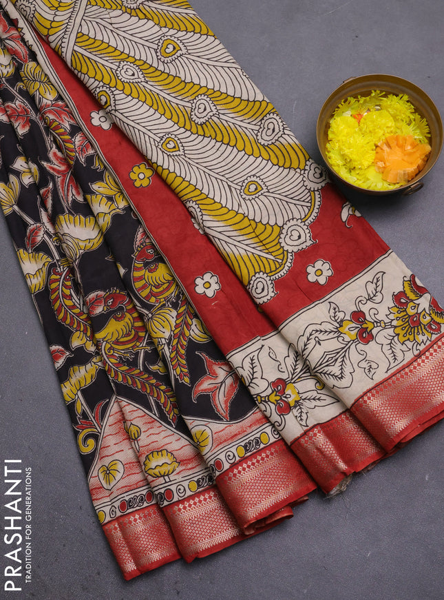 Kalamkari semi silk saree black and rust shade with allover prints and mangalgiri border